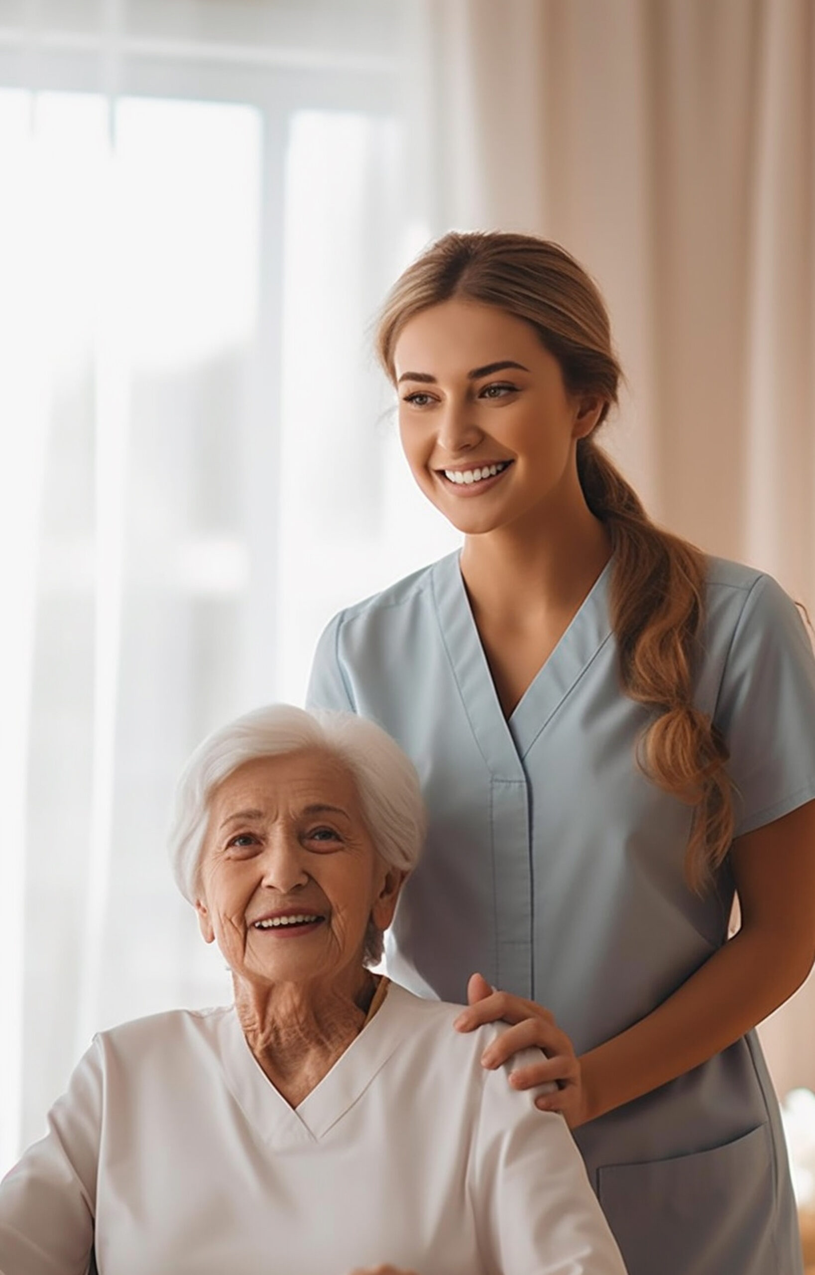 Smiling caregiver in a light blue uniform providing support to a happy elderly woman, representing compassionate home healthcare services