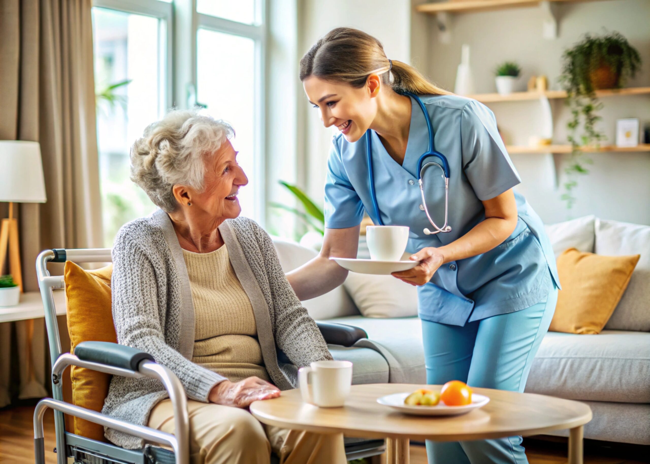 Nurse providing a cup of tea to a smiling elderly woman in a wheelchair, depicting warm and caring home healthcare services.