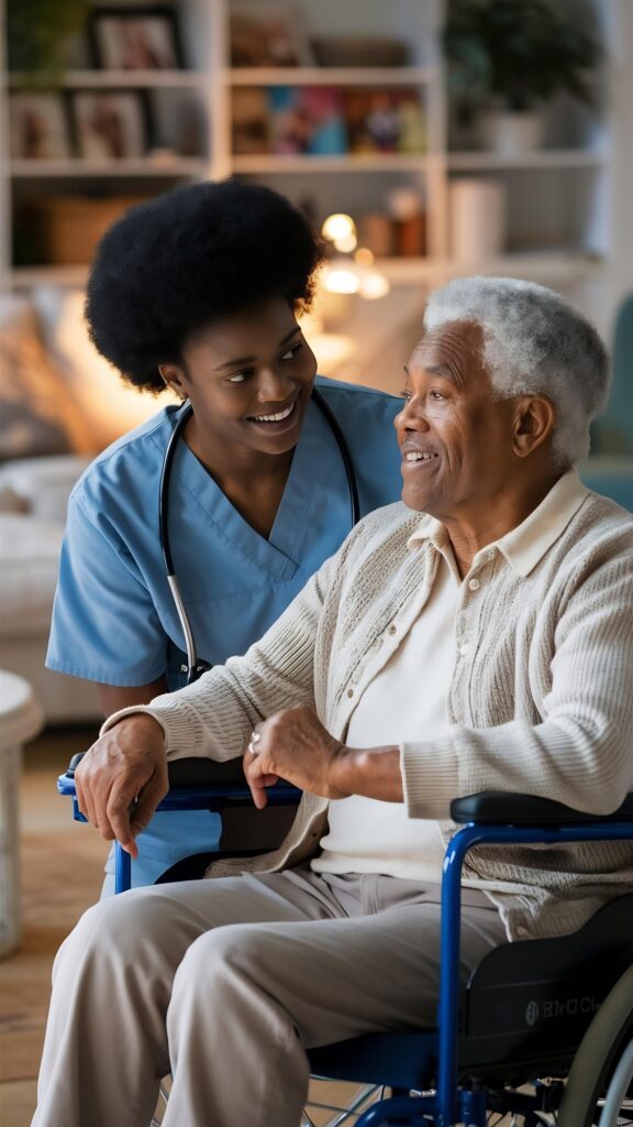 Smiling home healthcare nurse interacting with an elderly man in a wheelchair, showcasing a caring and supportive environment.
